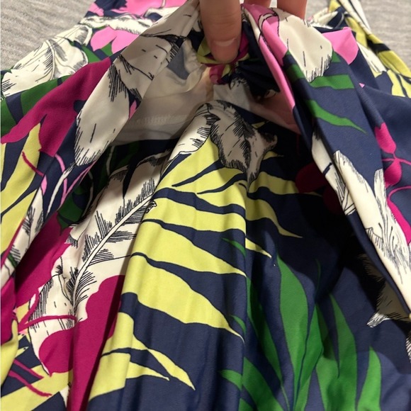 Tropical Floral Twist Front Halter One Piece Swimsuit Navy Pink Green White - Picture 3 of 12